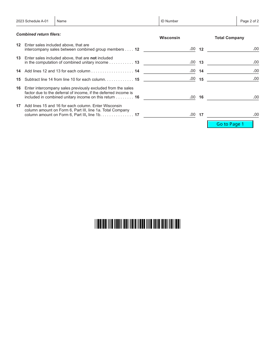 Form IC-043 Schedule A-01 Wisconsin Single Sales Factor Apportionment Data for Nonspecialized Industries - Wisconsin, Page 2