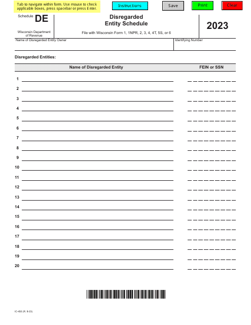 Form IC-450 Schedule DE 2023 Printable Pdf