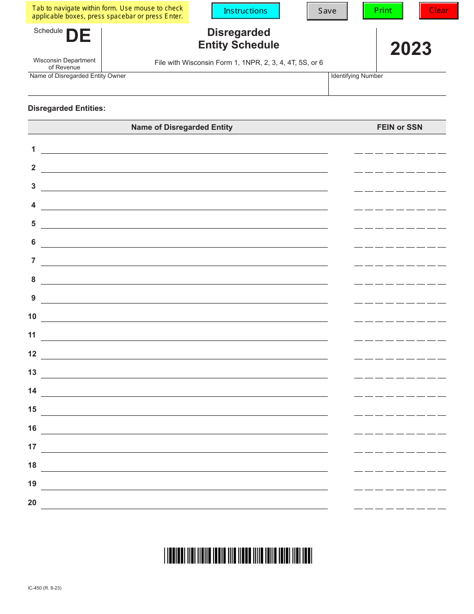 Form IC-450 Schedule DE Disregarded Entity Schedule - Wisconsin, Page 1