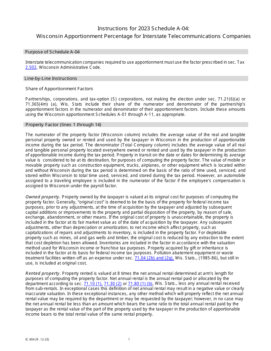 Instructions for Form IC-302 Schedule A-04 Wisconsin Apportionment Percentage for Interstate Telecommunications Companies - Wisconsin, Page 1