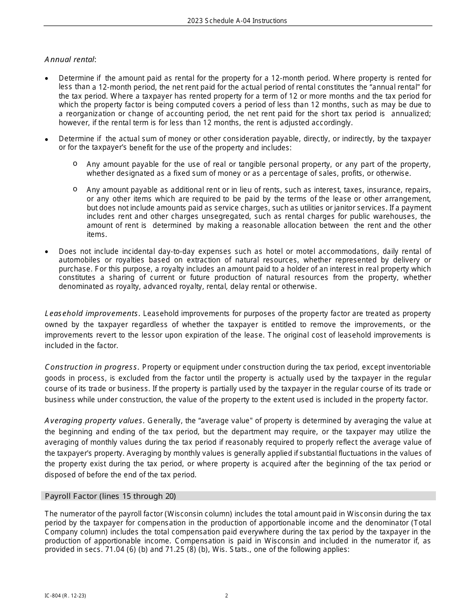 Instructions for Form IC-302 Schedule A-04 Wisconsin Apportionment Percentage for Interstate Telecommunications Companies - Wisconsin, Page 2