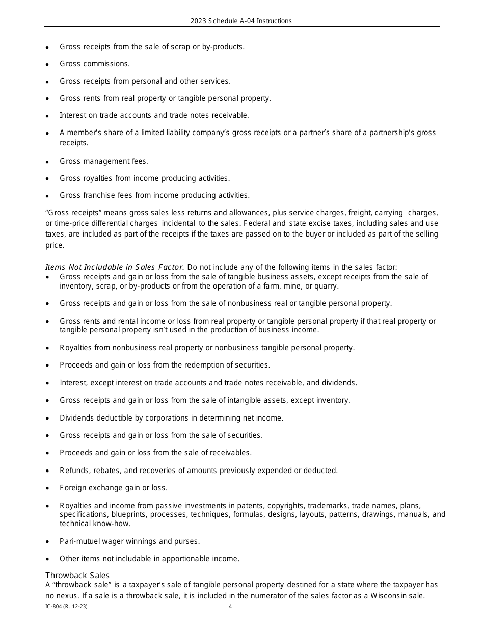Instructions for Form IC-302 Schedule A-04 Wisconsin Apportionment Percentage for Interstate Telecommunications Companies - Wisconsin, Page 4