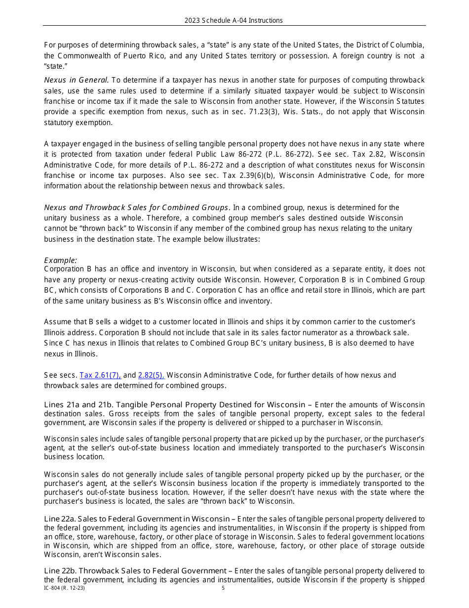 Instructions for Form IC-302 Schedule A-04 Wisconsin Apportionment Percentage for Interstate Telecommunications Companies - Wisconsin, Page 5