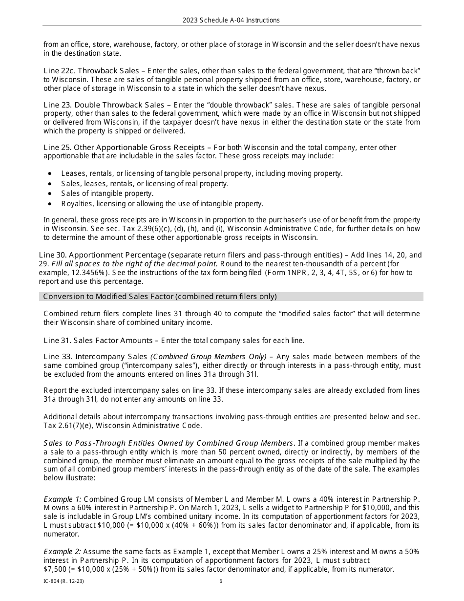 Instructions for Form IC-302 Schedule A-04 Wisconsin Apportionment Percentage for Interstate Telecommunications Companies - Wisconsin, Page 6