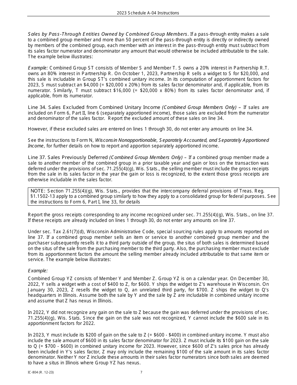 Instructions for Form IC-302 Schedule A-04 Wisconsin Apportionment Percentage for Interstate Telecommunications Companies - Wisconsin, Page 7