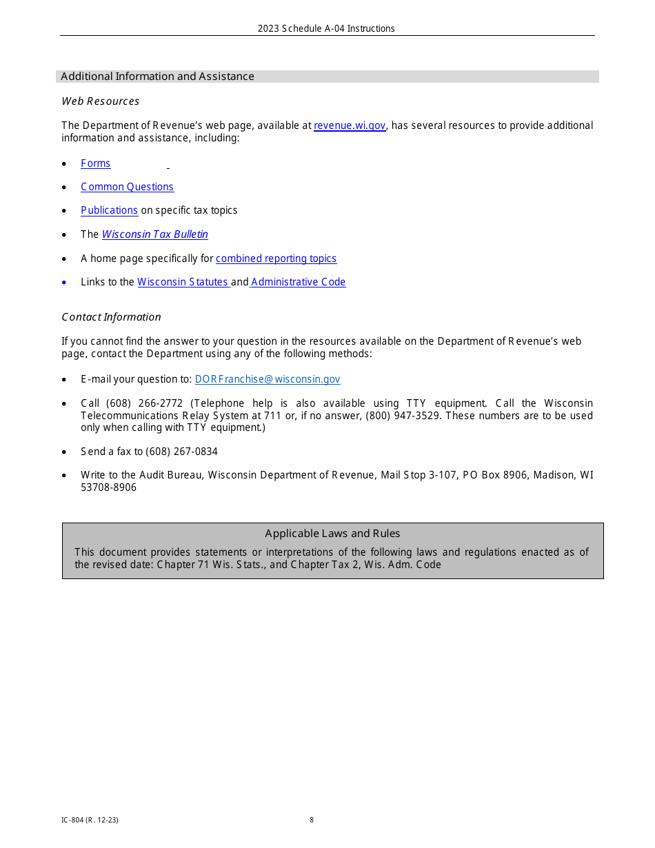 Instructions for Form IC-302 Schedule A-04 Wisconsin Apportionment Percentage for Interstate Telecommunications Companies - Wisconsin, Page 8