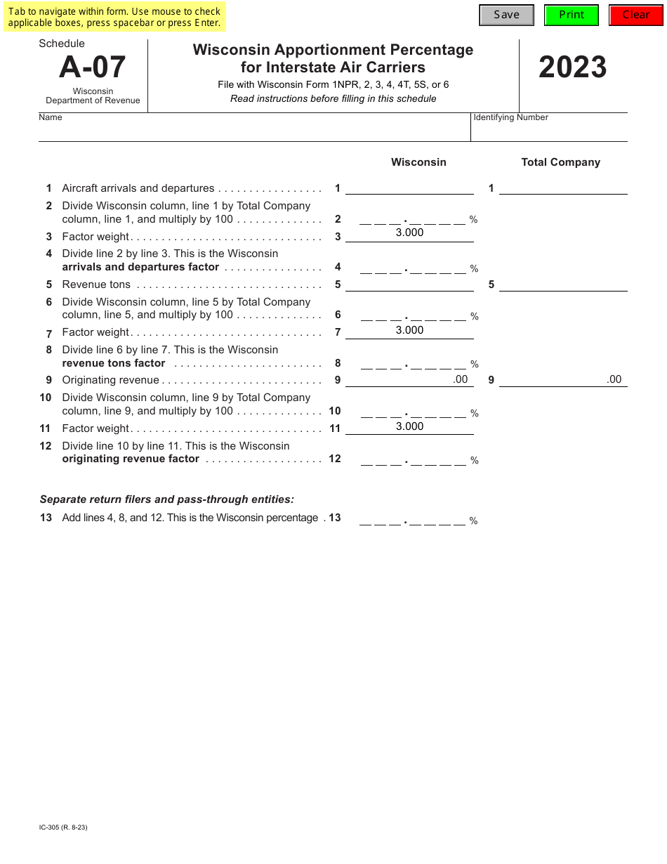 Form IC-305 Schedule A-07 Wisconsin Apportionment Percentage for Interstate Air Carriers - Wisconsin, Page 1