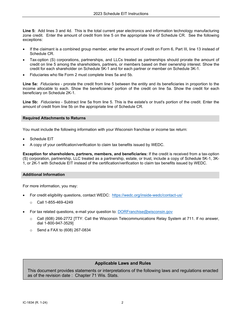 Instructions for Form IC-834 Schedule EIT Electronics and Information Technology Manufacturing Zone Credit - Wisconsin, Page 2