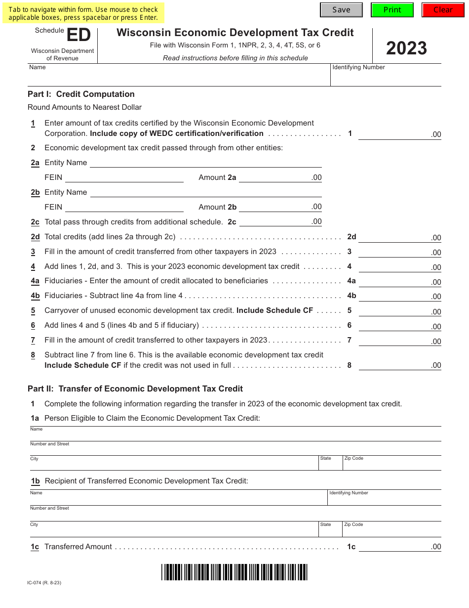 Form IC-074 Schedule ED Wisconsin Economic Development Tax Credit - Wisconsin, Page 1