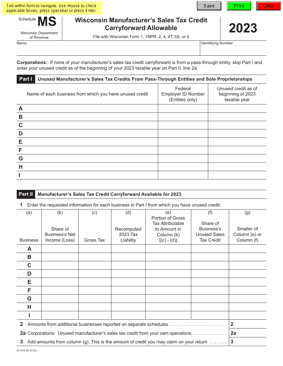 Form IC-014 Schedule MS Wisconsin Manufacturers Sales Tax Credit Carryforward Allowable - Wisconsin, Page 1