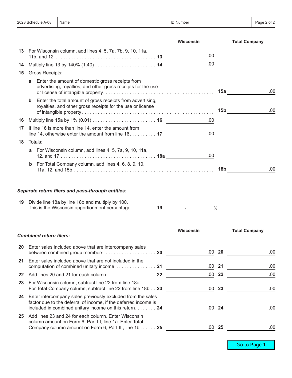 Form IC-306 Schedule A-08 Wisconsin Apportionment Percentage for Broadcasters - Wisconsin, Page 2