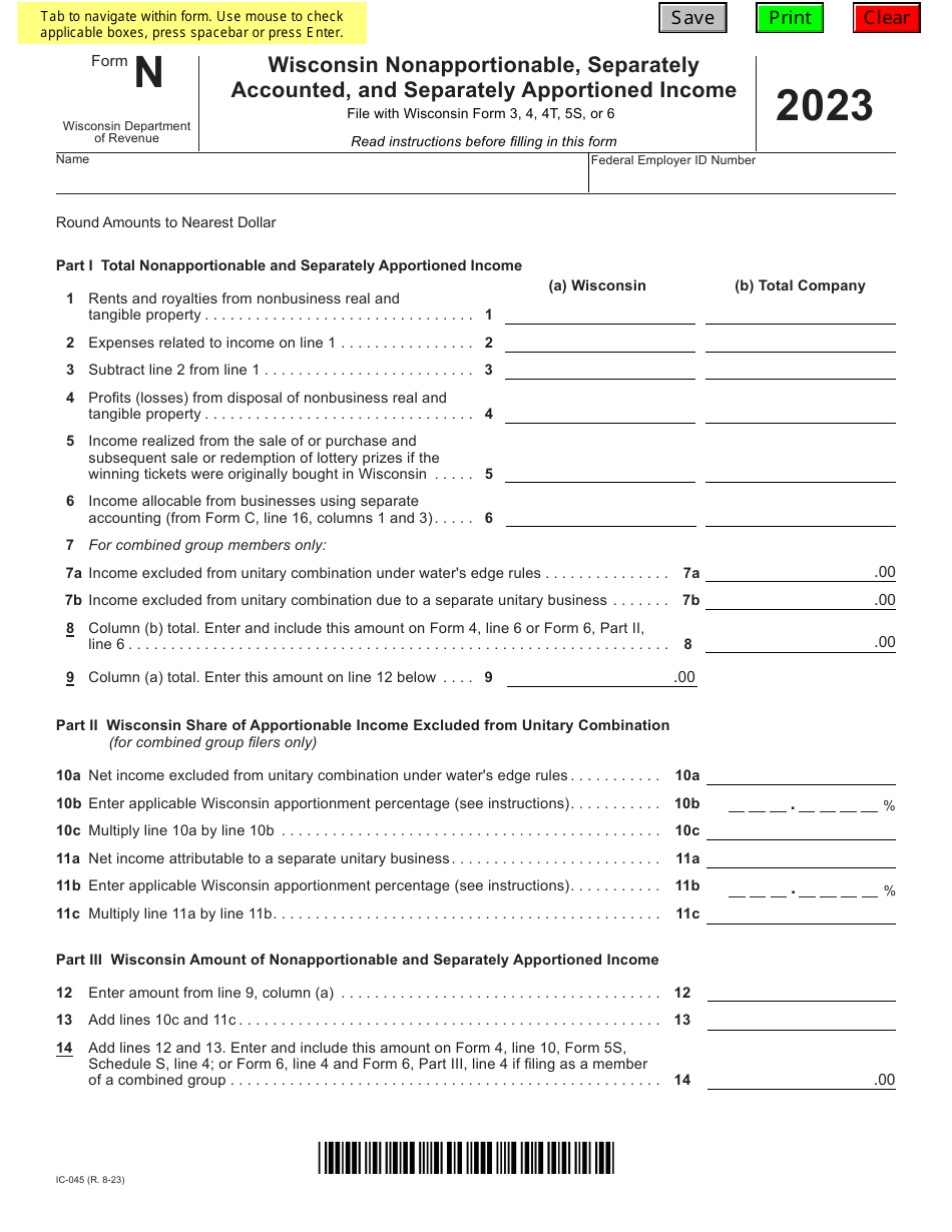 Form N (IC045) Download Fillable PDF or Fill Online Wisconsin