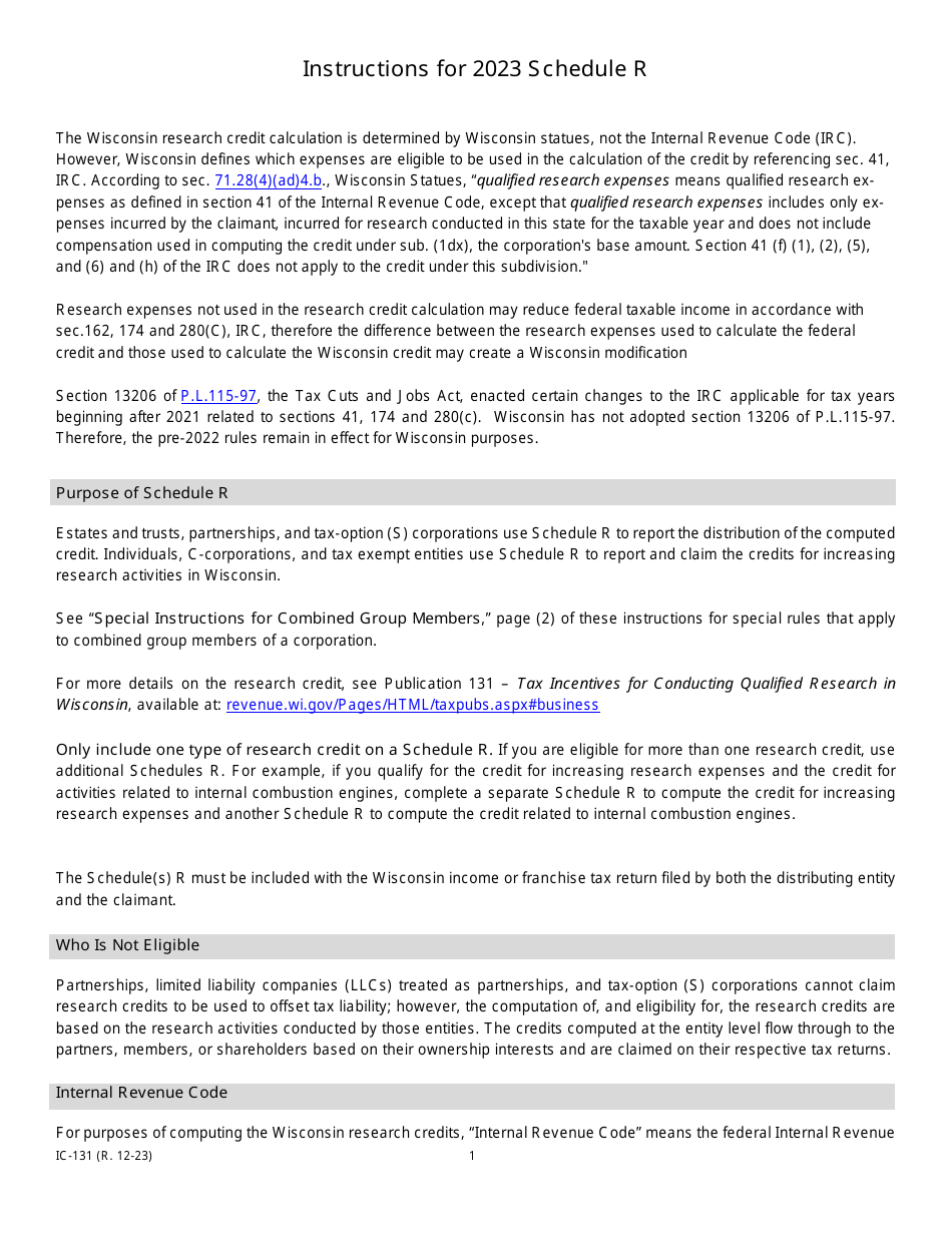 Instructions for Form IC-031 Schedule R Wisconsin Research Credits - Wisconsin, Page 1