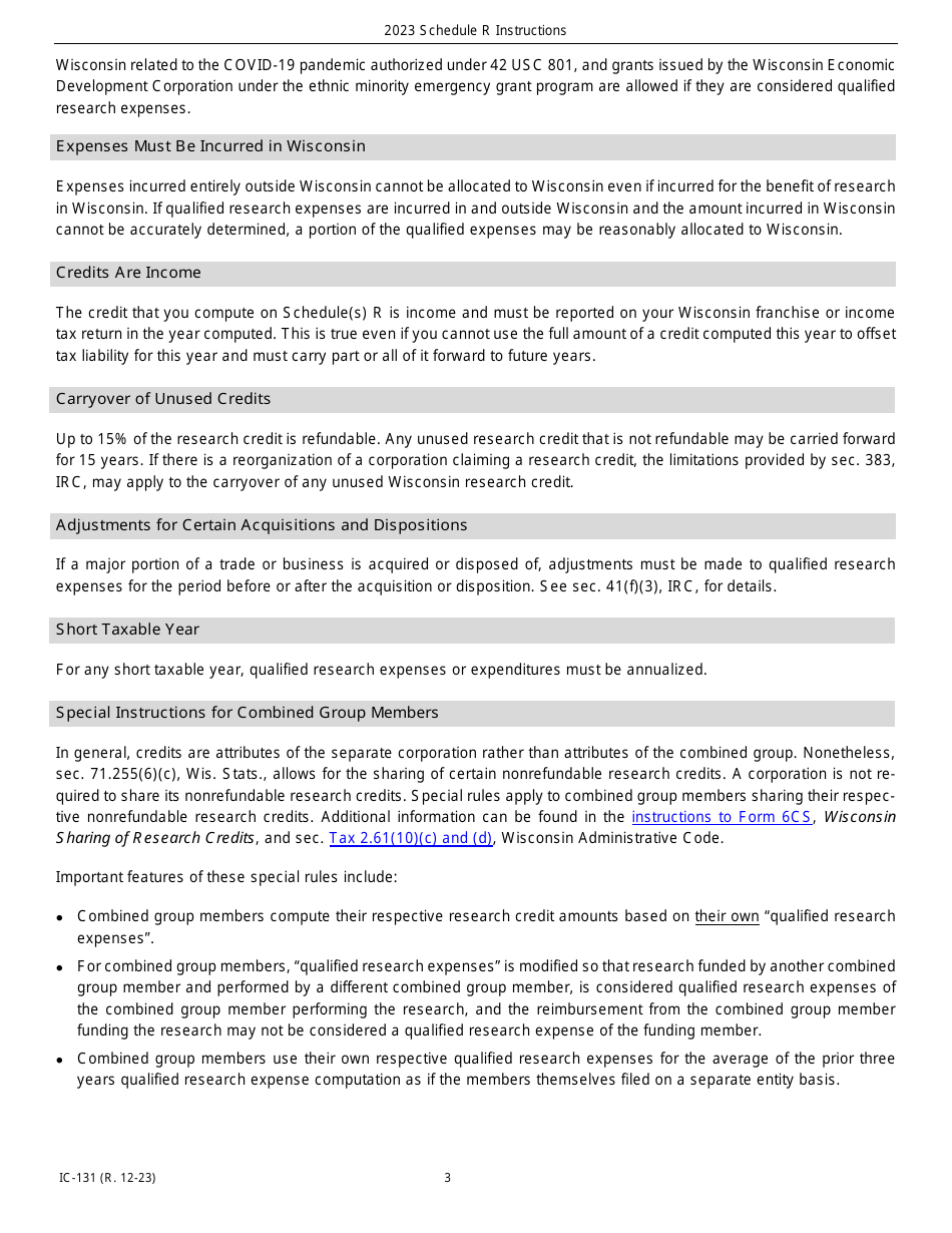 Instructions for Form IC-031 Schedule R Wisconsin Research Credits - Wisconsin, Page 3