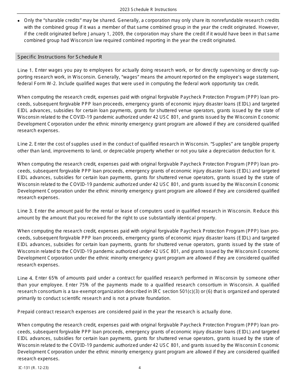 Instructions for Form IC-031 Schedule R Wisconsin Research Credits - Wisconsin, Page 4