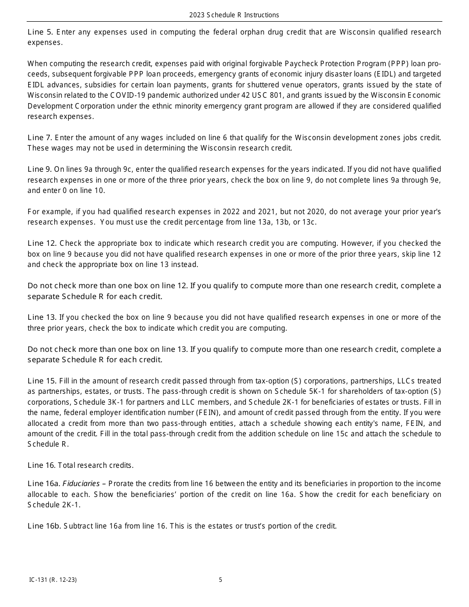 Instructions for Form IC-031 Schedule R Wisconsin Research Credits - Wisconsin, Page 5