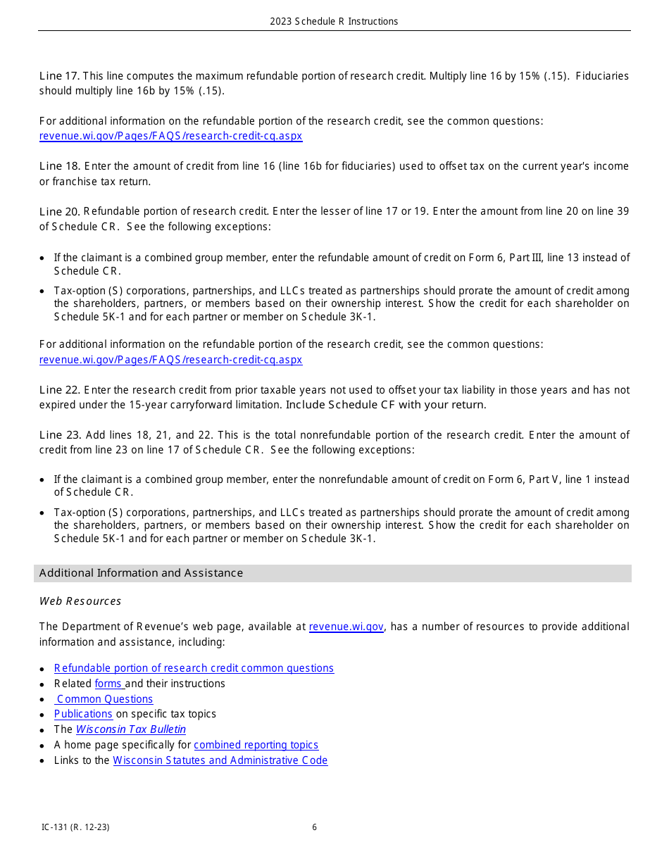 Instructions for Form IC-031 Schedule R Wisconsin Research Credits - Wisconsin, Page 6