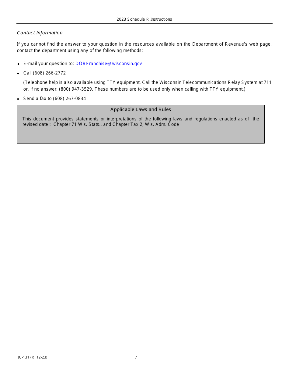 Instructions for Form IC-031 Schedule R Wisconsin Research Credits - Wisconsin, Page 7