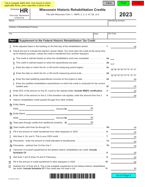 Form IC-034 Schedule HR 2023 Printable Pdf