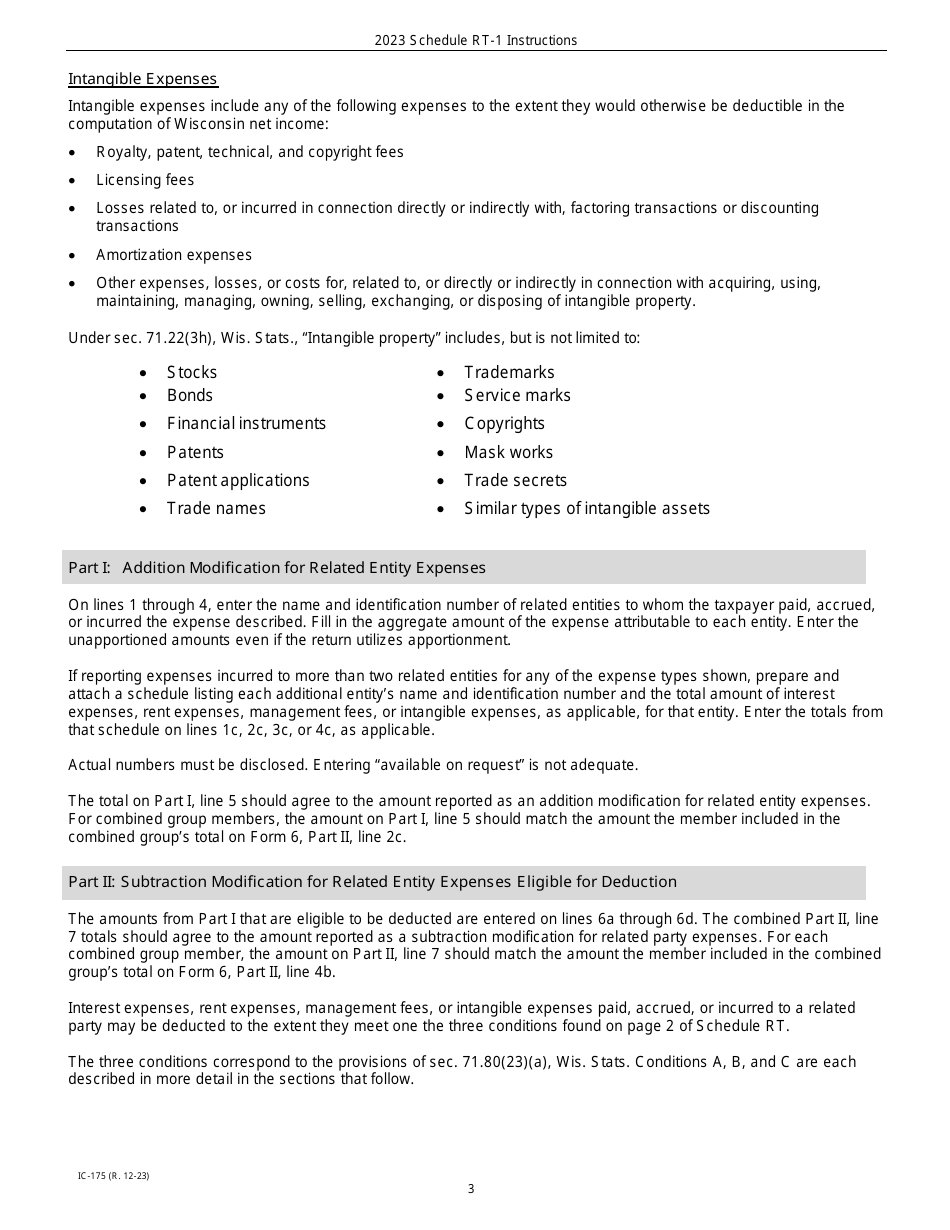 Instructions for Form IC-075 Schedule RT Wisconsin Related Entity Expenses Disclosure Statement - Wisconsin, Page 3
