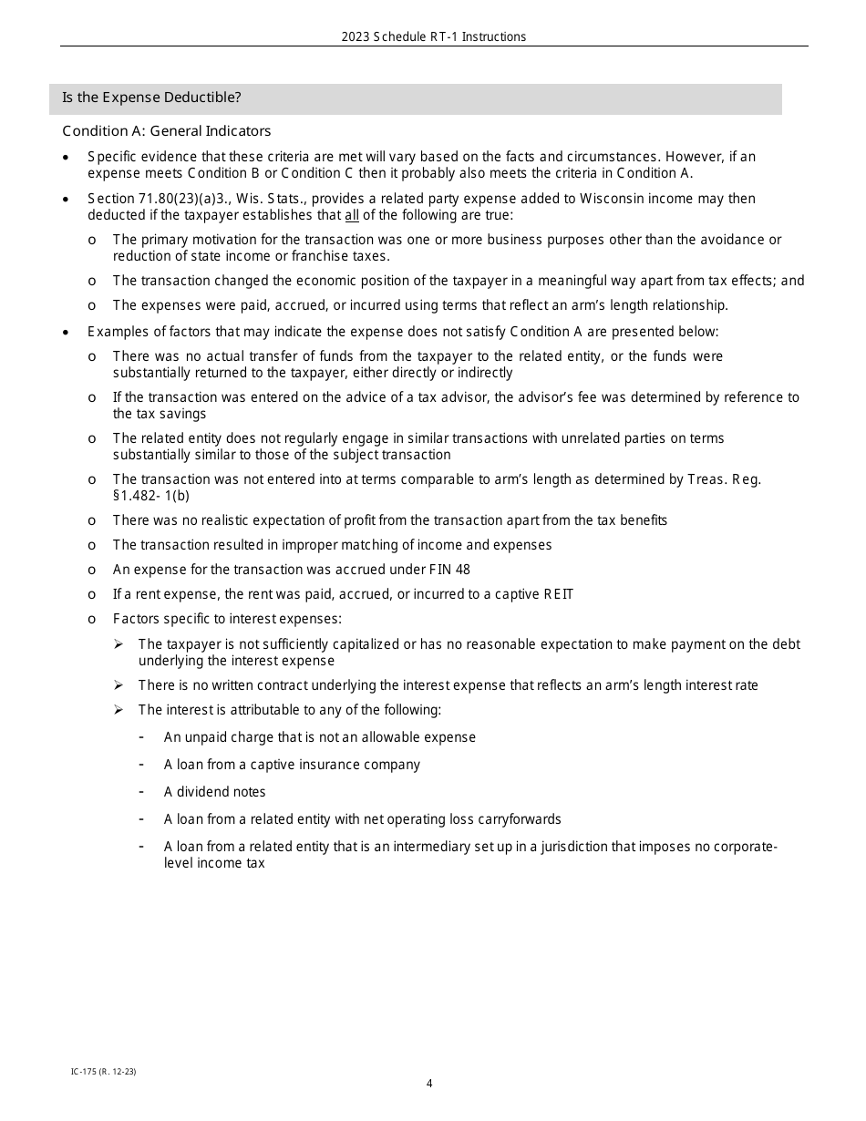 Instructions for Form IC-075 Schedule RT Wisconsin Related Entity Expenses Disclosure Statement - Wisconsin, Page 4