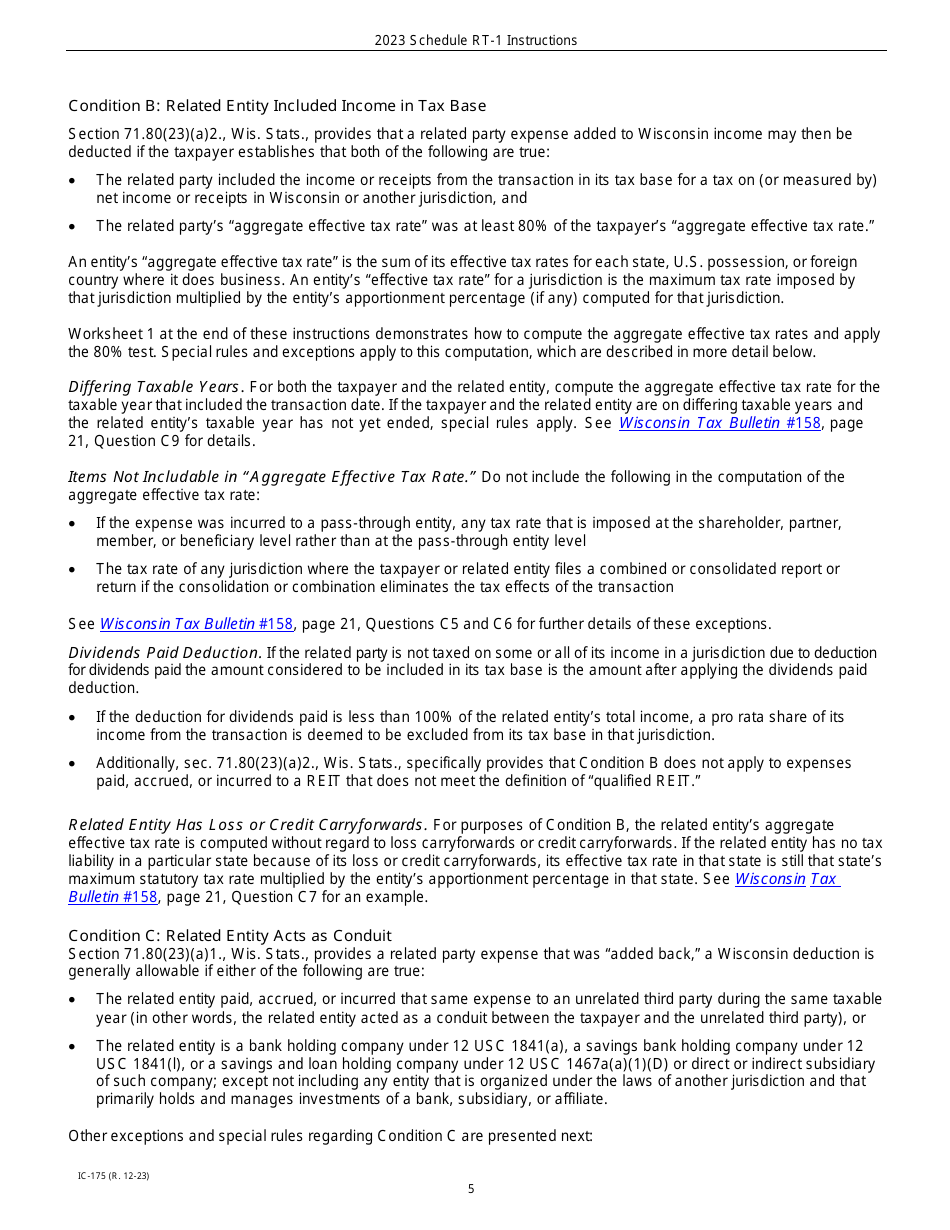 Instructions for Form IC-075 Schedule RT Wisconsin Related Entity Expenses Disclosure Statement - Wisconsin, Page 5