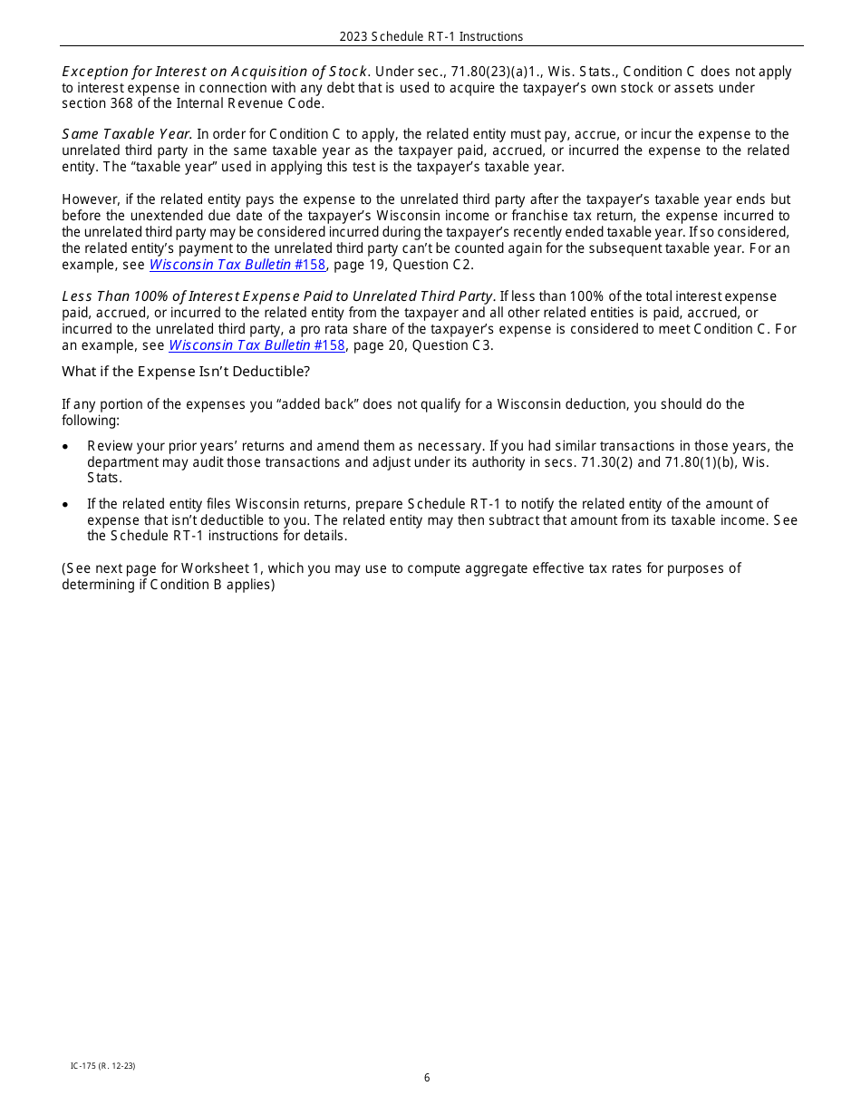Instructions for Form IC-075 Schedule RT Wisconsin Related Entity Expenses Disclosure Statement - Wisconsin, Page 6