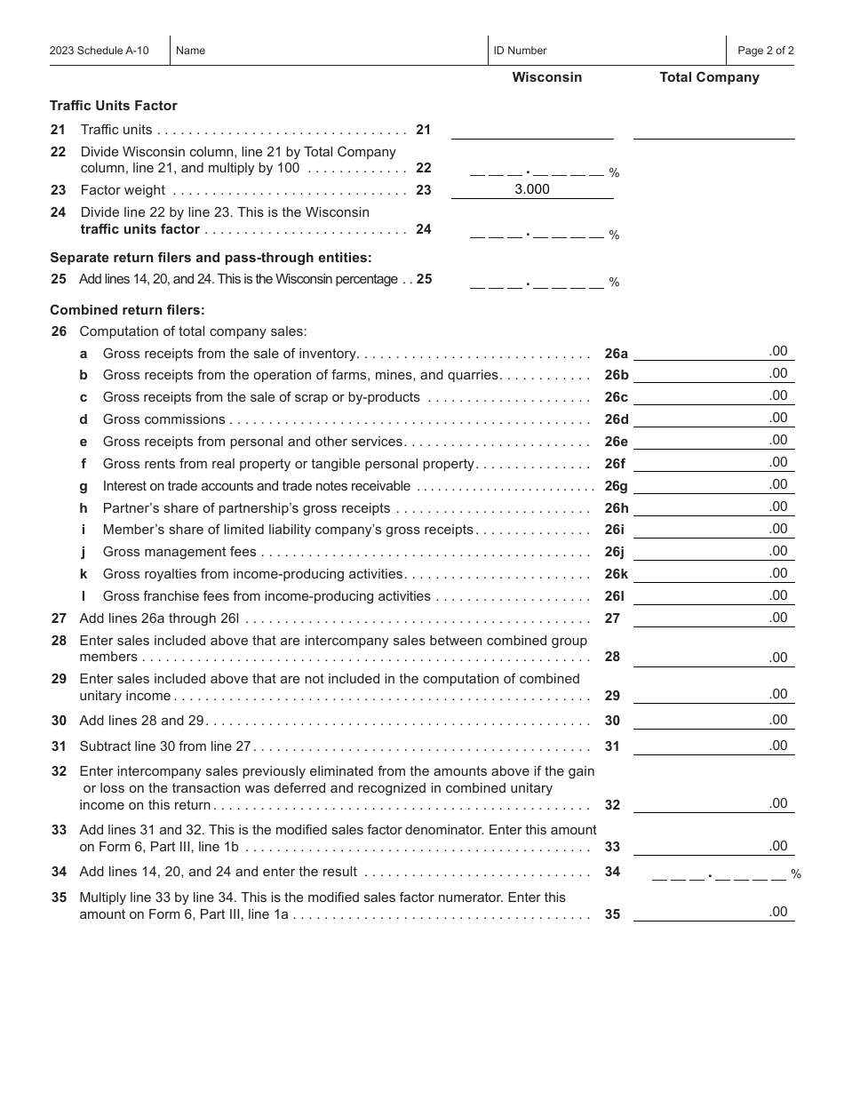 Form IC-308 Schedule A-10 Wisconsin Apportionment Percentage for Interstate Pipeline Companies - Wisconsin, Page 2