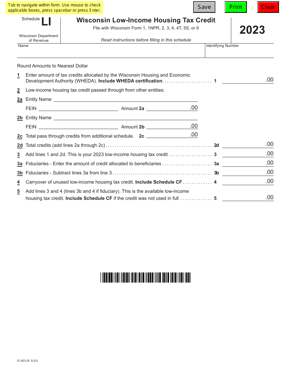 Form IC-833 Schedule LI Wisconsin Low-Income Housing Tax Credit - Wisconsin, Page 1