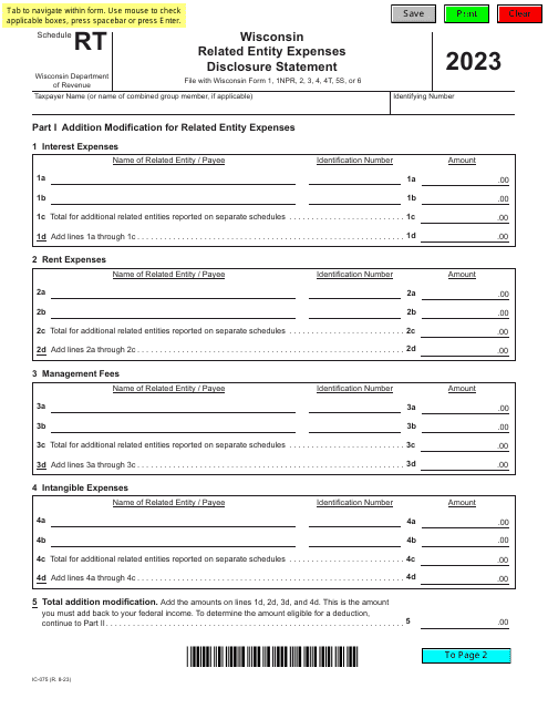 Form IC-075 Schedule RT Wisconsin Related Entity Expenses Disclosure Statement - Wisconsin, 2023