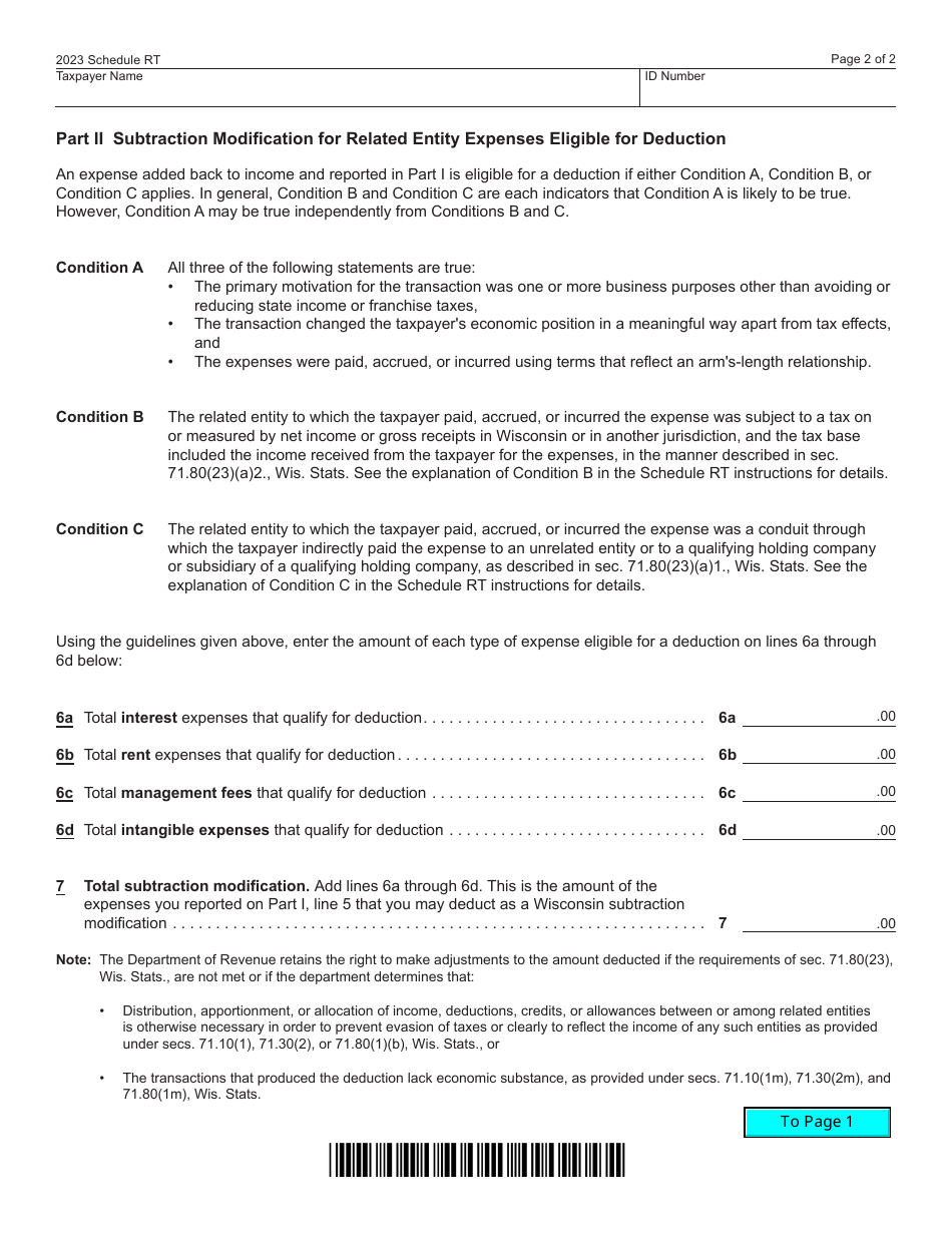 Form IC-075 Schedule RT Wisconsin Related Entity Expenses Disclosure Statement - Wisconsin, Page 2