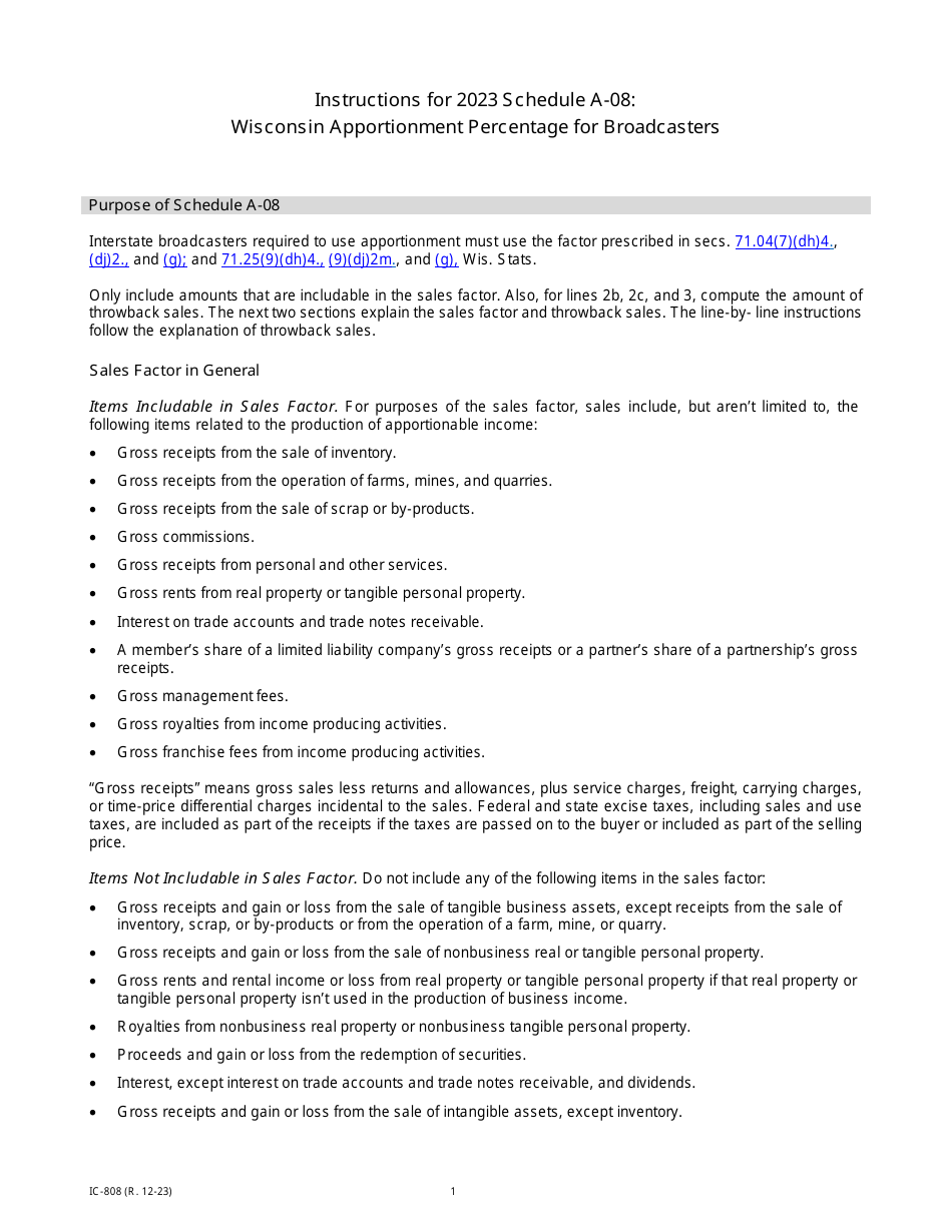 Instructions for Form IC-306 Schedule A-08 Wisconsin Apportionment Percentage for Broadcasters - Wisconsin, Page 1