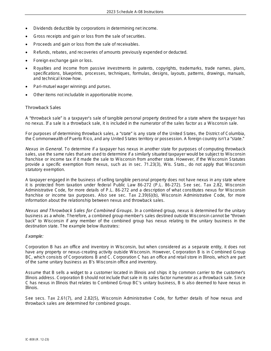 Instructions for Form IC-306 Schedule A-08 Wisconsin Apportionment Percentage for Broadcasters - Wisconsin, Page 2