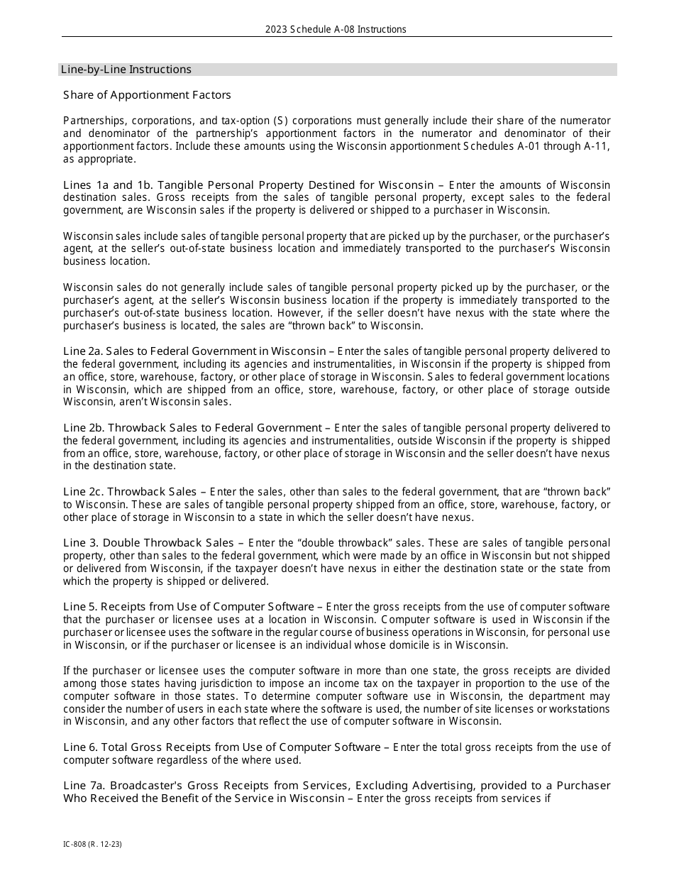 Instructions for Form IC-306 Schedule A-08 Wisconsin Apportionment Percentage for Broadcasters - Wisconsin, Page 3