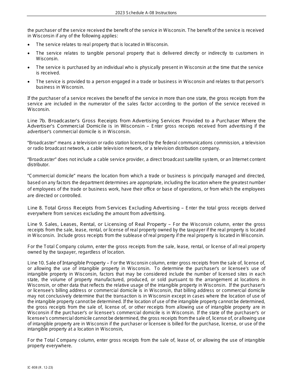 Instructions for Form IC-306 Schedule A-08 Wisconsin Apportionment Percentage for Broadcasters - Wisconsin, Page 4