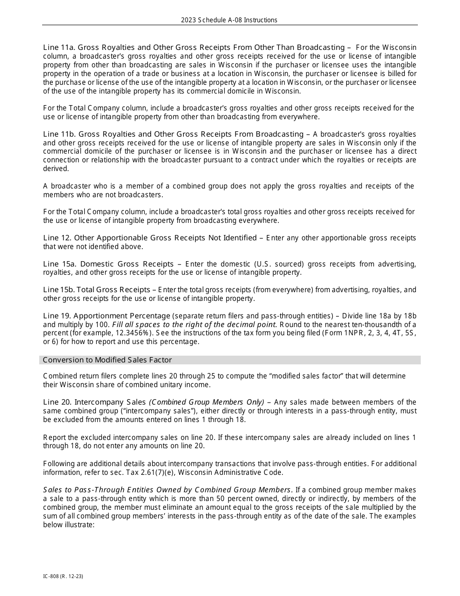 Instructions for Form IC-306 Schedule A-08 Wisconsin Apportionment Percentage for Broadcasters - Wisconsin, Page 5
