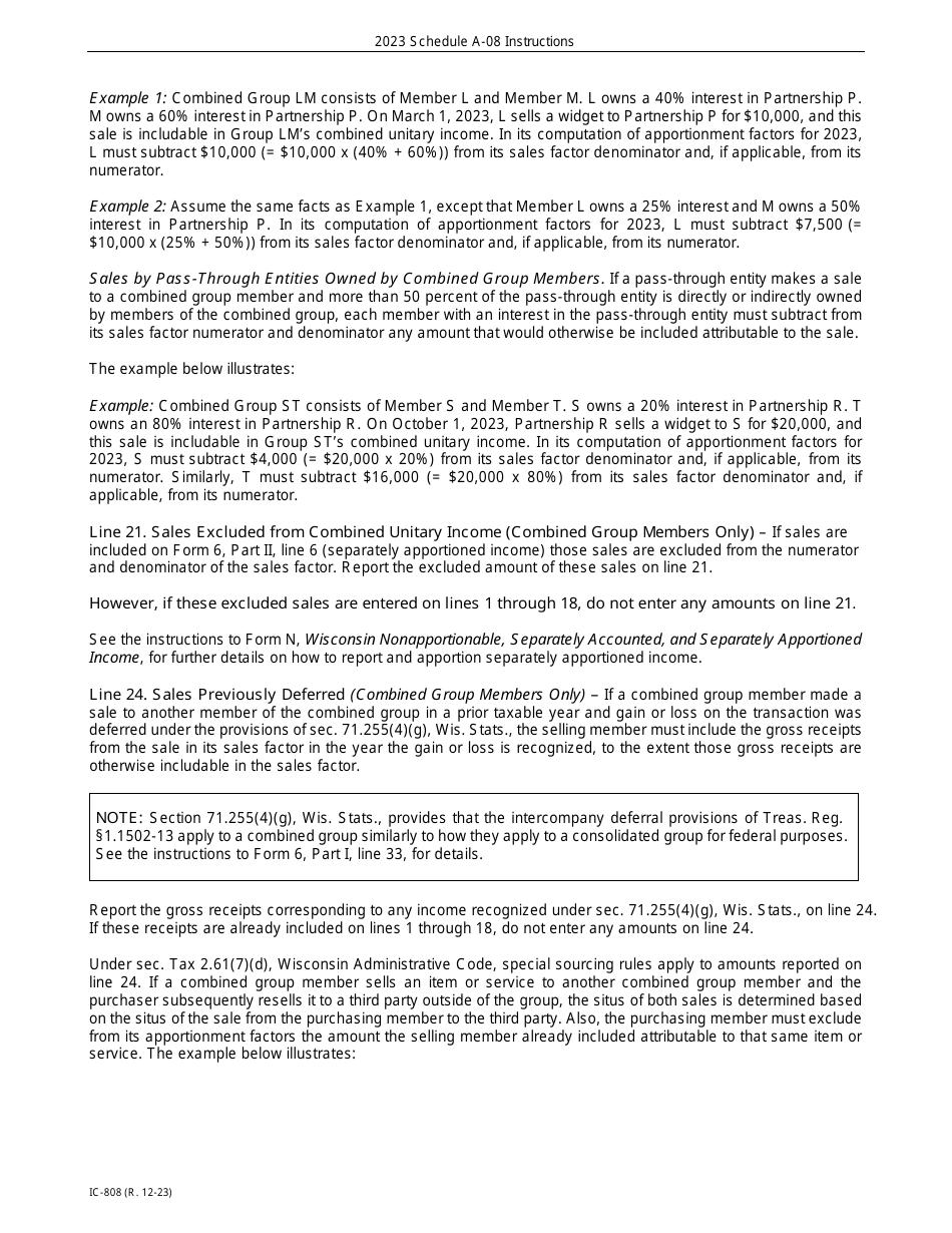 Instructions for Form IC-306 Schedule A-08 Wisconsin Apportionment Percentage for Broadcasters - Wisconsin, Page 6