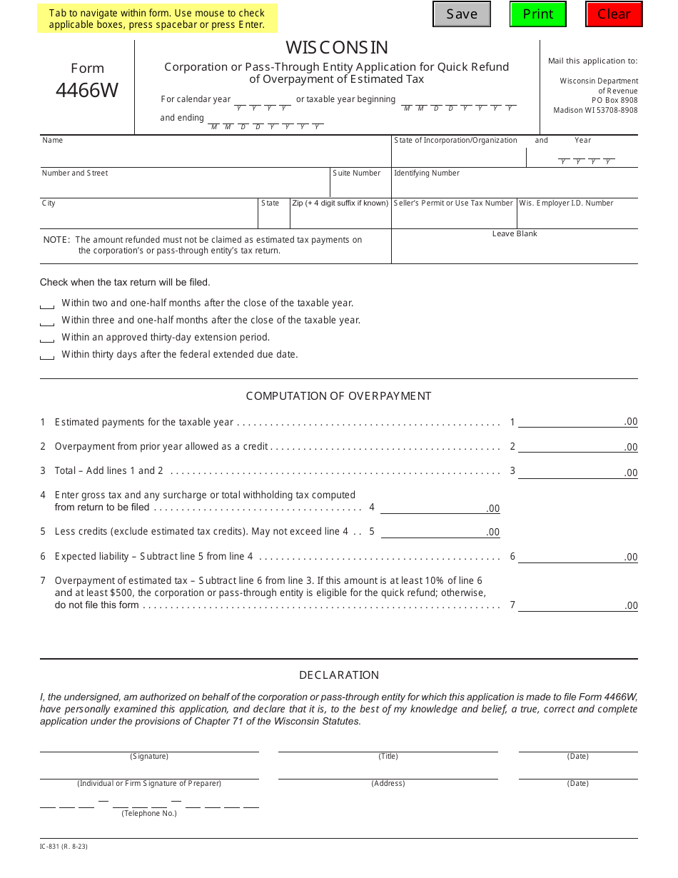 Form 4466W (IC-831) Wisconsin Corporation or Pass-Through Entity Application for Quick Refund of Overpayment of Estimated Tax - Wisconsin, Page 1