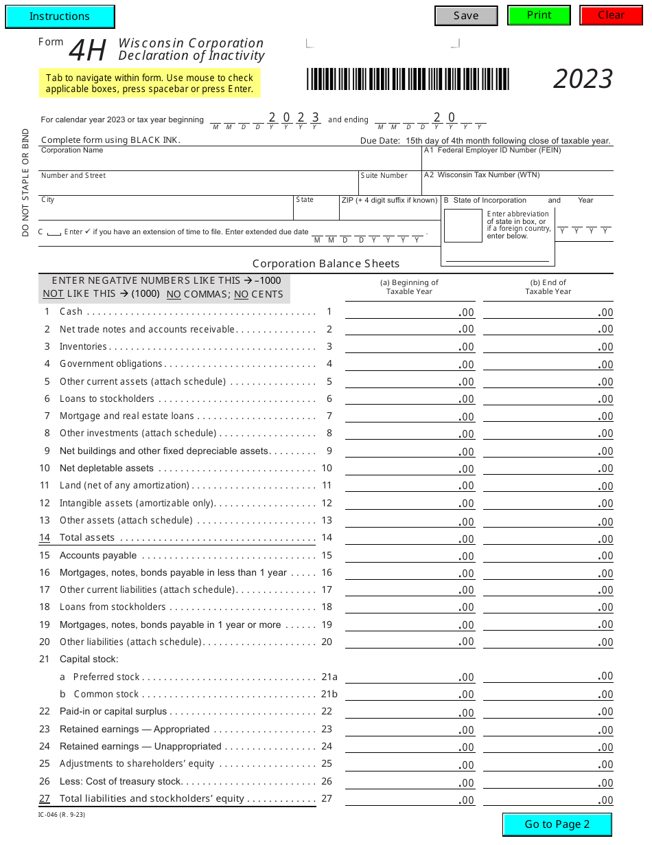 Form 4H (IC-046) Wisconsin Corporation Declaration of Inactivity - Wisconsin, Page 1