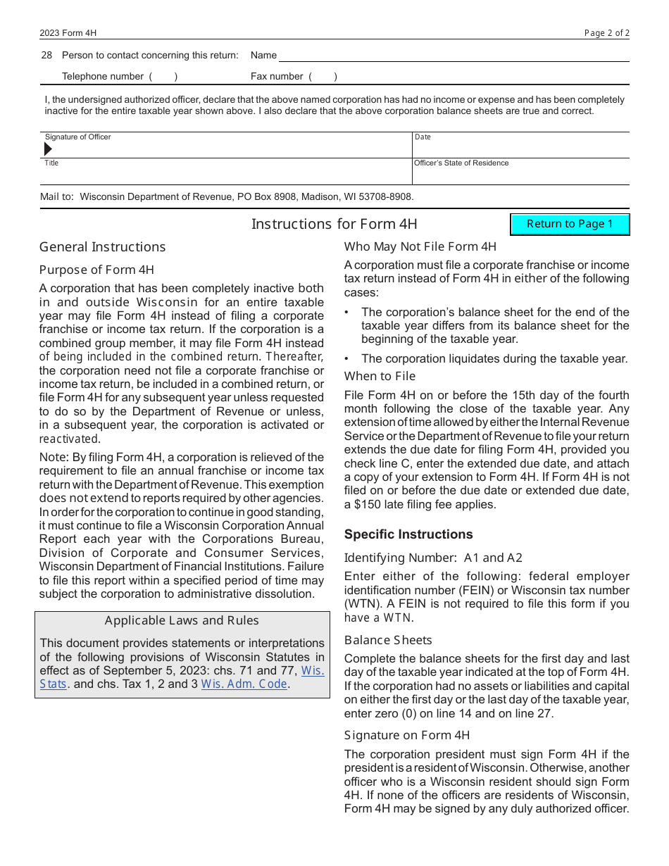 Form 4H (IC-046) Wisconsin Corporation Declaration of Inactivity - Wisconsin, Page 2