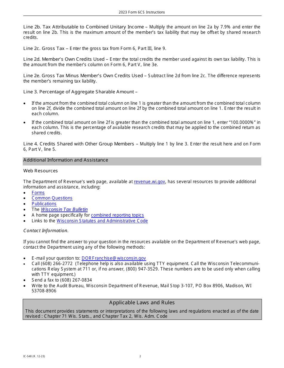 Instructions for Form 6CS, IC-448 Sharing of Research Credits for Combined Group Members - Wisconsin, Page 2