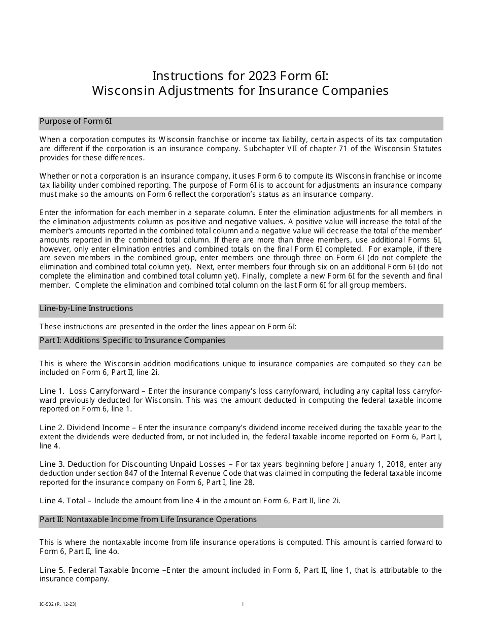 Instructions for Form 6I, IC-402 Wisconsin Adjustments for Insurance Companies - Wisconsin, Page 1