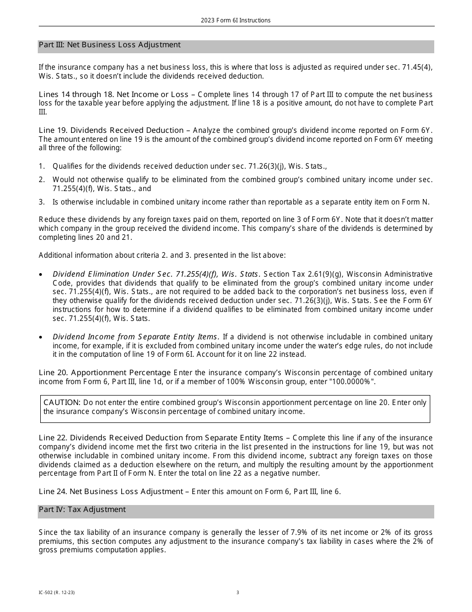 Instructions for Form 6I, IC-402 Wisconsin Adjustments for Insurance Companies - Wisconsin, Page 3