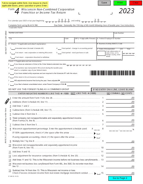 Form 4 (IC-040) Wisconsin Non-combined Corporation Franchise or Income Tax Return - Wisconsin, 2023