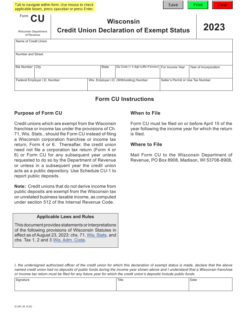 Form CU (IC-081) Wisconsin Credit Union Declaration of Exempt Status - Wisconsin, Page 1