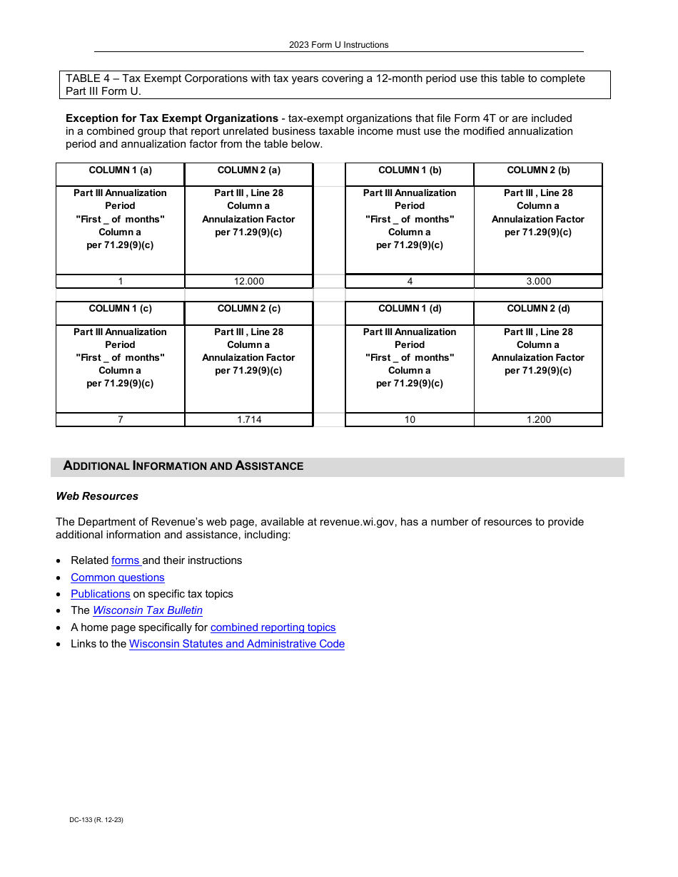Instructions for Form U, DC-033 Underpayment of Estimated Tax by Corporations - Wisconsin, Page 11