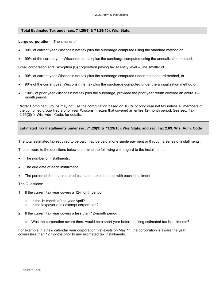 Instructions for Form U, DC-033 Underpayment of Estimated Tax by Corporations - Wisconsin, Page 2