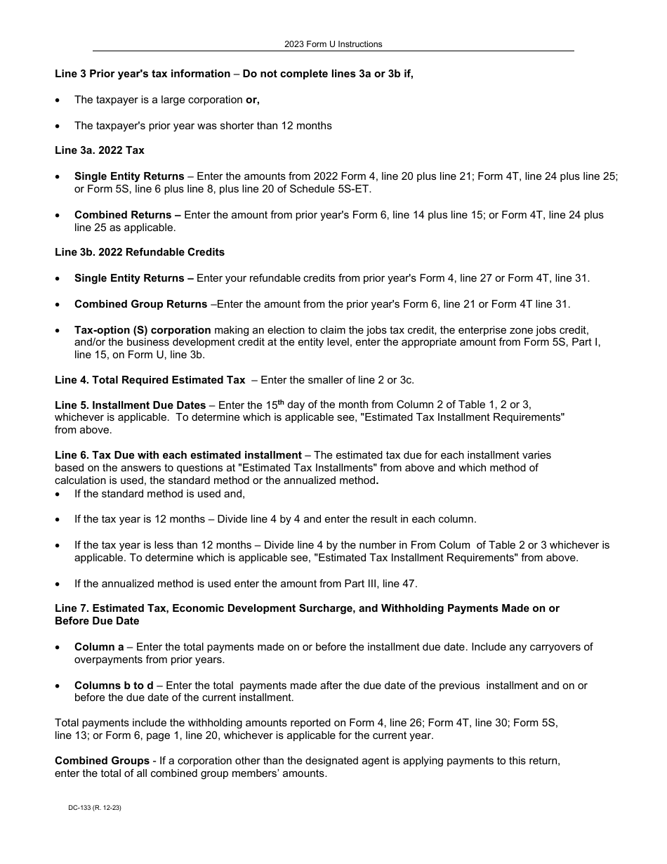 Instructions for Form U, DC-033 Underpayment of Estimated Tax by Corporations - Wisconsin, Page 4