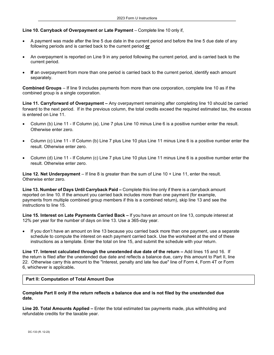 Instructions for Form U, DC-033 Underpayment of Estimated Tax by Corporations - Wisconsin, Page 5