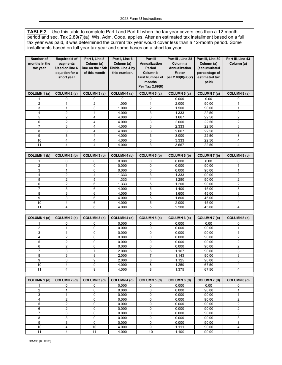 Instructions for Form U, DC-033 Underpayment of Estimated Tax by Corporations - Wisconsin, Page 9